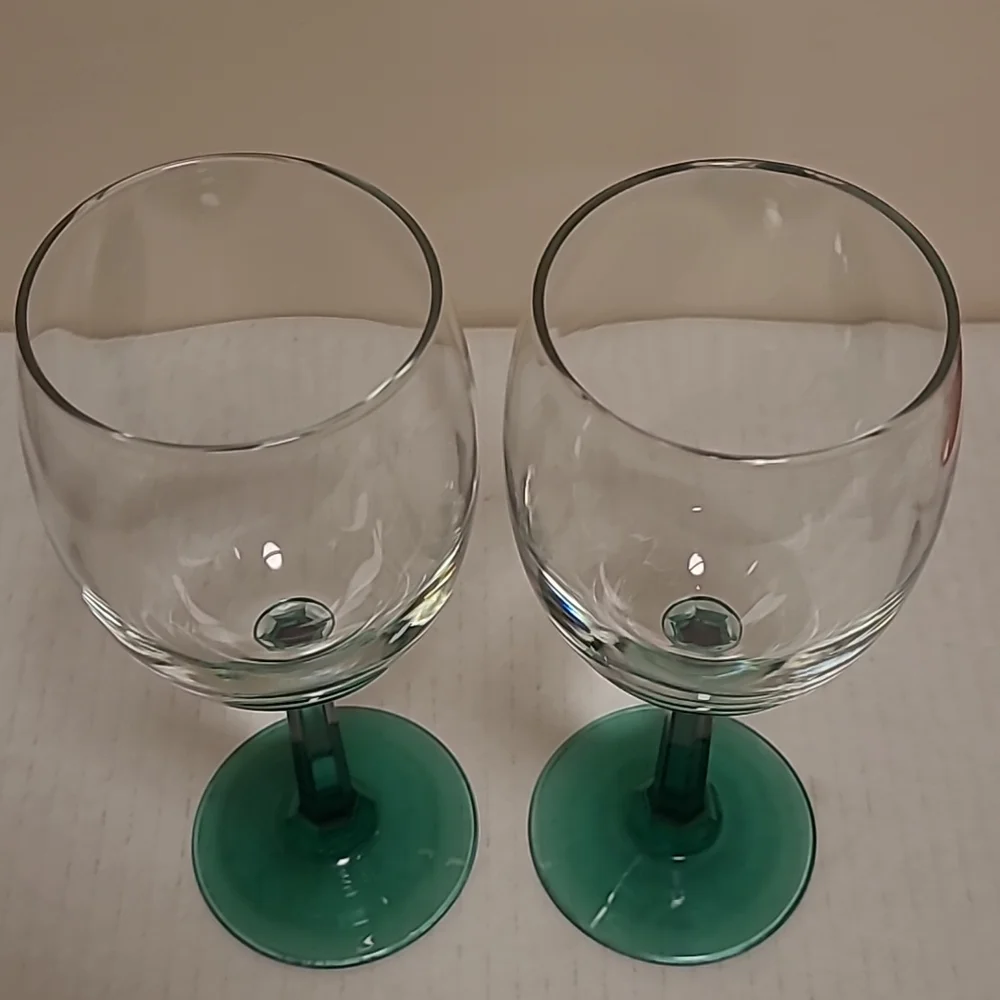 Pair of Vintage Green Stemmed Crystal Wine Glasses